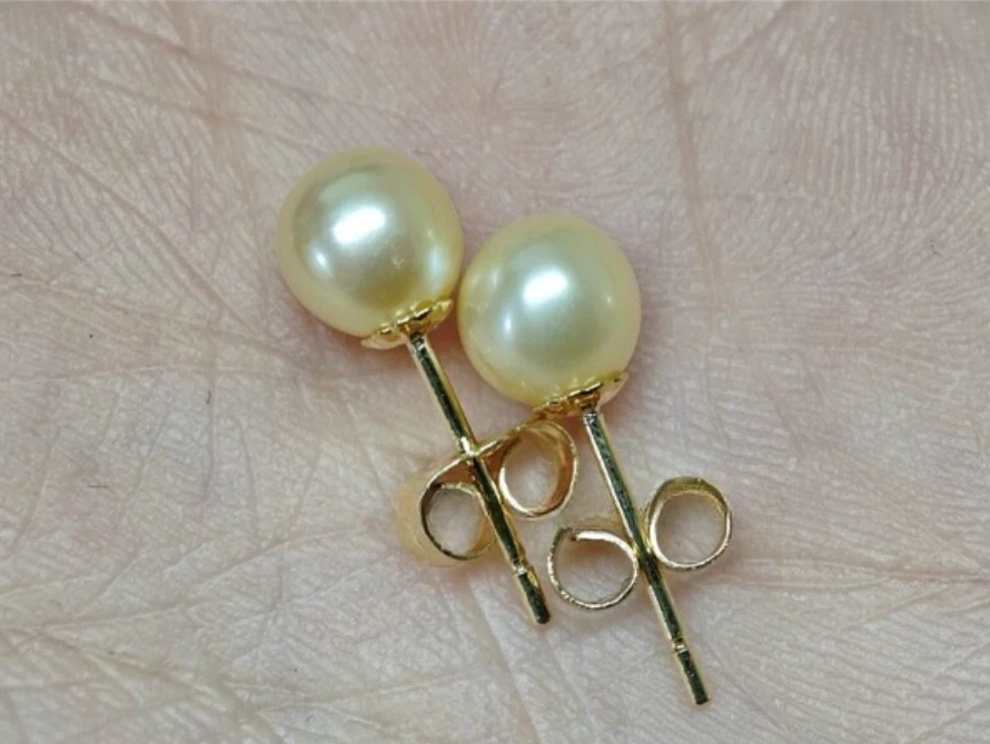 Pendientes de perlas amarillas mini naturales AAA 6-7 mm del Mar del Sur de oro de 14 k Foto 3 de 4