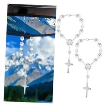 2PCS Car Rearview Mirror Rosary, Cross Blessing Rosary Decoration, White