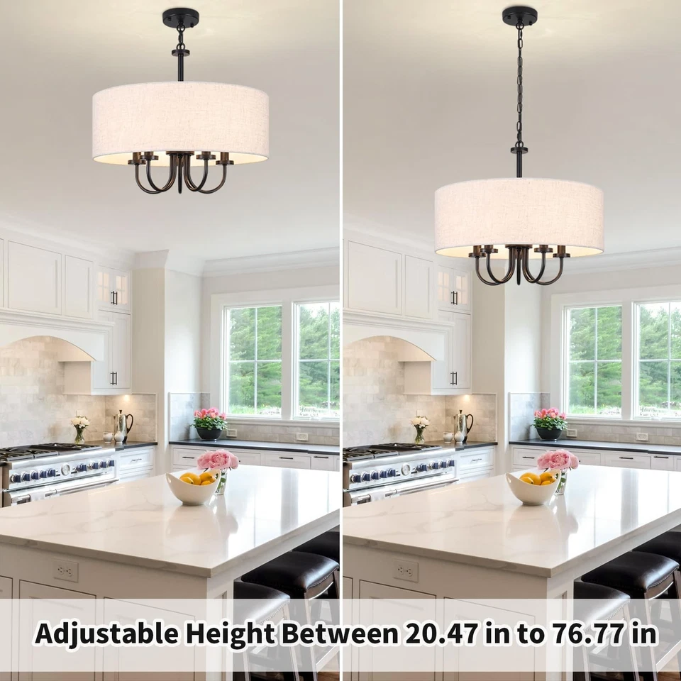 Lámpara de araña de tambor para comedor 5 luces: araña moderna de 19" con luz blanca... Foto 3 de 4