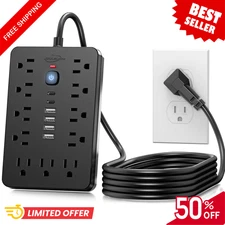 6FT Flat Plug Surge Protector Power Strip, 11 AC Outlets & 6 USB Ports, Switch..
