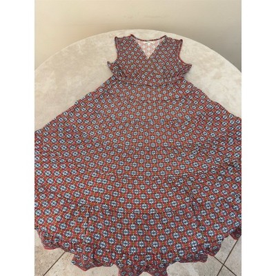 Max Studio London Dress Womens Size M Red Floral Geometric Midi V-Neck