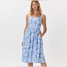 Quince Blue and White Floral Waterfall Linen Midi Dress size XL