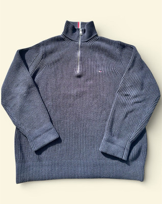 Tommy Hilfiger Herren Grobstrickpullover M Dunkelgrau Organic Cotton Viertel-Re 