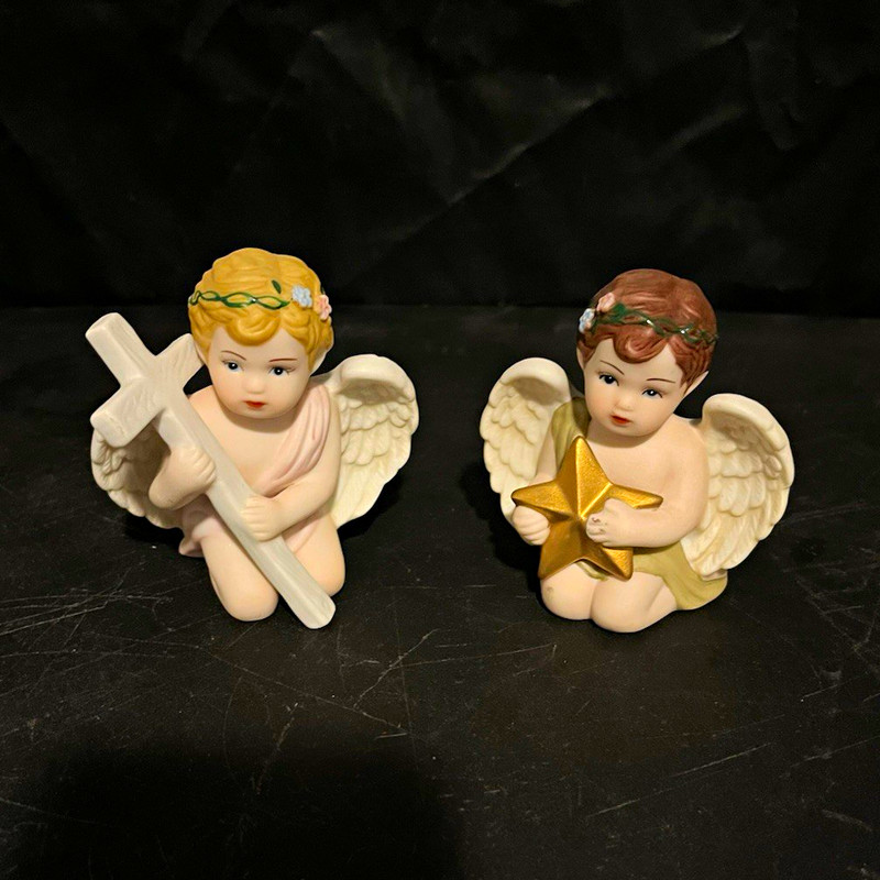 Homco Masterpiece Porcelain Cherub Angel Figurines Set of 2 Cross & Star