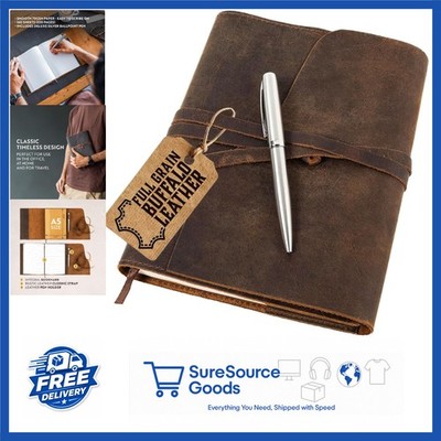 Travel Leather Journal A5 Refillable Notebook for Writing with Pen Dark Brown