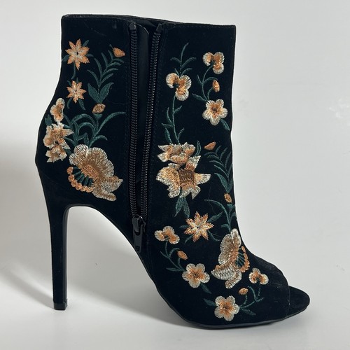 JustFab Bianka Zip Ankle Booties Heel Black Orange Embroidered Floral Womens 6.5 - Picture 6 of 14