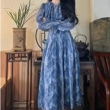 Summer French Retro Slimming Blue Dress Womens Short Sleeve Chiffon Floral Dress