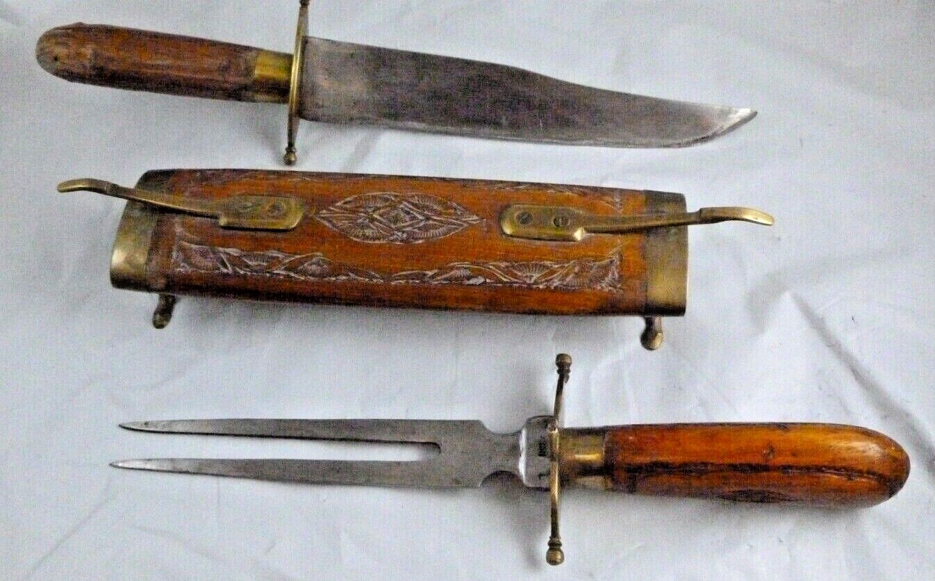 Vintage Antique India Knife Carving Set Hand Carved Wood Sheath Wooden