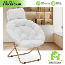 Foldable Modern Saucer Moon Chair Soft Faux Fur Lounge Seat w/Removable Headrest