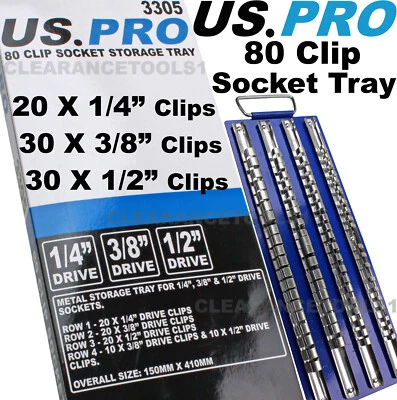 US PRO Tools Socket Rail Tray holds 80 sockets 1/4" 3/8" 1/2" drive clips 3305