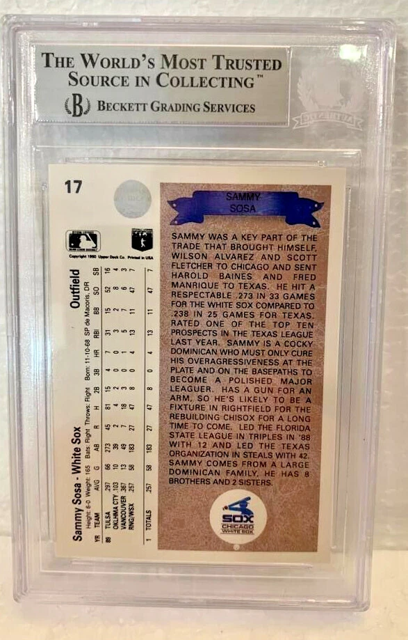 Tarjeta de radiocontrol de los Medias Blancas Sammy Sosa firmada 1990 cubierta superior Beckett calificada 10 #17 Foto 3 de 3