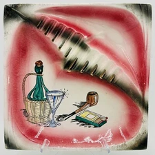 VTG Retro MCM Wine Bottle & Pipe Ceramic Hand Painted Cigarette Ashtray 12x12