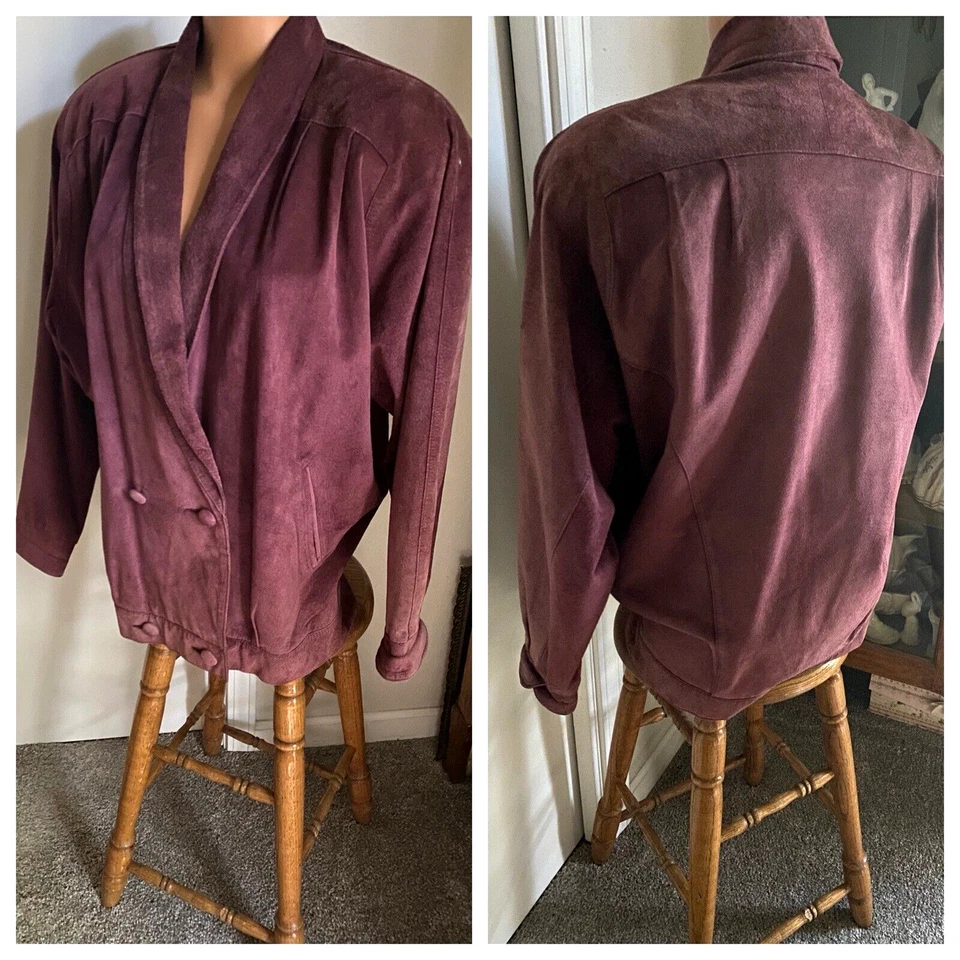 VINTAGE 80’s JACQULINE FERRAR PLUM SUEDE LEATHER DOUBLE BREASTED JACKET SZ 8 (M)