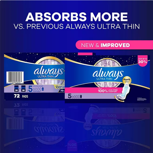 Always Ultra Thin Extra Heavy Overnight Pads with Wings Size 5 72 ct - 第 2/5 張圖片