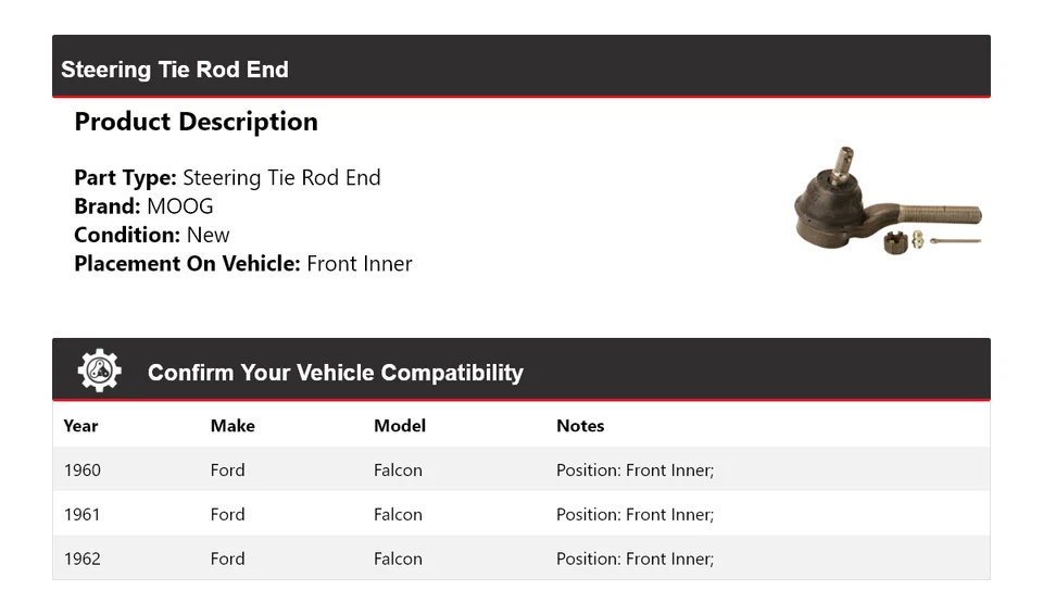 Para Ford Falcon 1960-1962 Barra de dirección Extremo interior delantero MOOG 1960 1961 1962 Foto 2 de 4