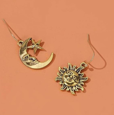 Gold Sun Man in the Moon Earrings, Mismatch Asymmetrical Dangle, Vintage Style