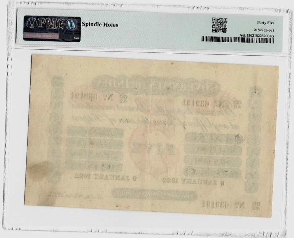 India 5 RUPEES P-A6h 1922-1924 Rare date Uniface McWatters PMG 45 Indian NOTE - Image 3 of 3