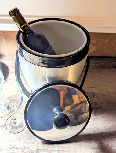 Vintage 1950's KROMEX Aluminum Ice Bucket Art Deco Styled Chrome, Black, Barware - Picture 7 of 17