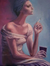 Original Oil on canvas Board painting* 14 x 18 in, signed*Femme qui fume*