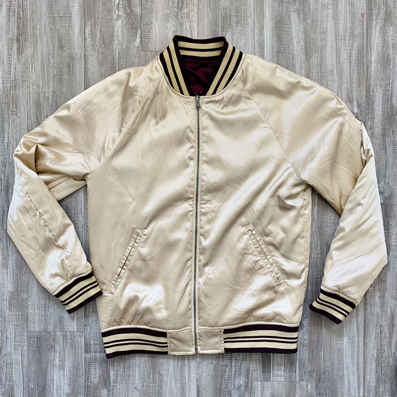Mens PacSun Reversible Bomber Jacket MEDIUM Maroon Gold M Satin Shiny