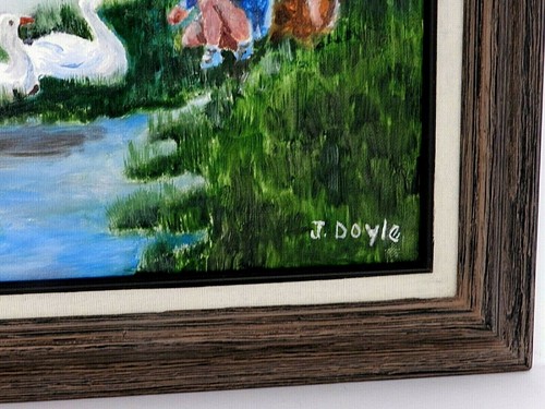 M. JANE DOYLE SIGNED ORIGINAL ART OIL/CANVAS PAINTING "FEEDING THE SWANS" FRAMED - Picture 3 of 6