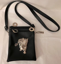 Vintage Nima Crossbody Bag 3D Silver Tiger w/Crystal Eyes 3 Zip Pockets EUC!