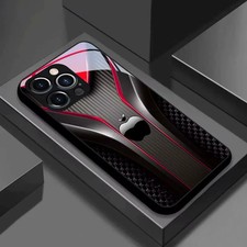 Red Carbon Fiber For Apple Pattern Glass Black Phone Case For Iphone 14 To 17 Red Carbon Fiber For Apple Pattern Glass Black Phone Case For Iphone 14 To 17