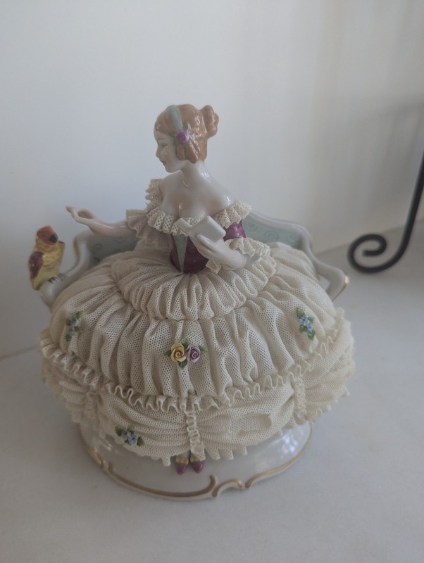 Vintage UnterWeissbach Germany Victorian Woman and Parrot Porcelain Lace Figural