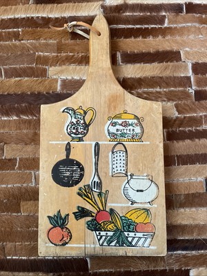 Vintage MCM Wood Cutting Board Reversible Serving Platter Wall Hanging
