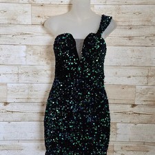 Love & Lemonade Sequin Dress M One Shoulder Mesh Plunge Party Green Formal Dance