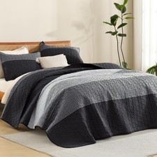 Quilt Queen Size Black, Grey and White, Gray Stripe Patchwork Summer Bedsprea...