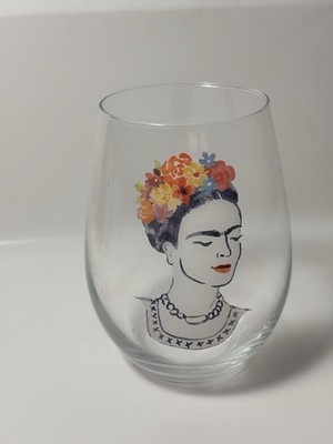 Frida Kahlo Stemless Wine Glass Watercolor Portrait Floral Crown Artist Gift