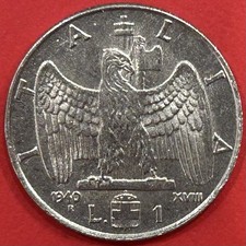 1 LIRA (1940) XVIII Vittorio Emanuele III Aquila Impero R Roma Regno Italia • BB