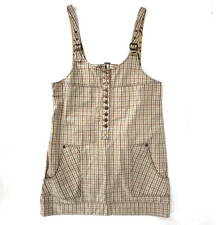 Plaid Jumper Overall Dress Sz L Vintage Style Brown Buckle Straps Pockets 70s