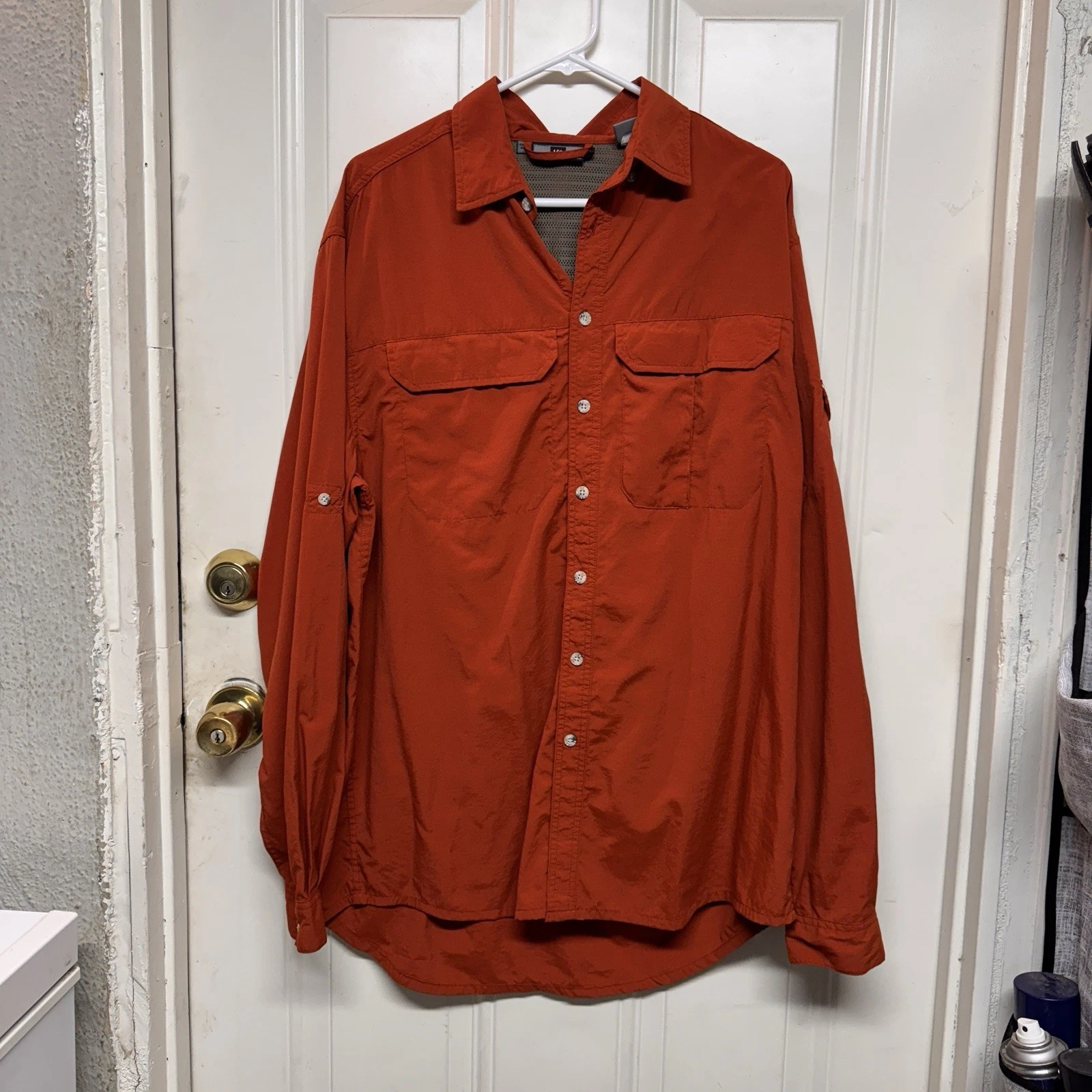 REI Men's Sahara Long sleeve Burnt orange Trail Hiking UPF 40+ utility size MT