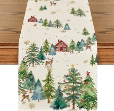 Xmas Trees Silhouette Christmas Table Runner, Seasonal Winter Kitchen Dining Ta