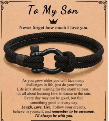 Pulsera de cuerda trenzada negra para hombre/adolescente cierre en U "To My Son" tarjeta de cita de amor EE. UU. - Imagen 1 de 9