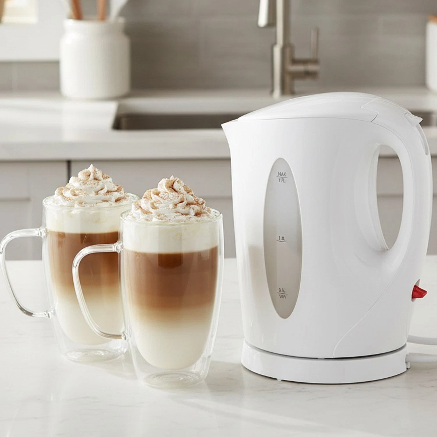 1.7L Cordless Electric Kettle 2.2KW Fast Boil + 2 Double Walled Glass Mugs 450ml