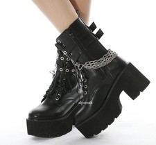 Women's Platform High Heel Chains Ankle Boots Lace Up Goth Motorcycle Shoes Lady