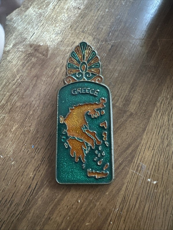 Vintage Greek Brass & Enamel Clip 2-sided Map & Boy