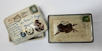 HomArt French Postcard Porcelain Trinket Box Tray Set Cottagecore Bird Nest