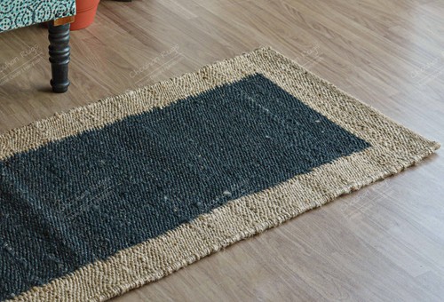 Indian Handwoven Biege Hemp Jute Rug With Black Design Rug For Living Room Decor - Picture 2 of 6