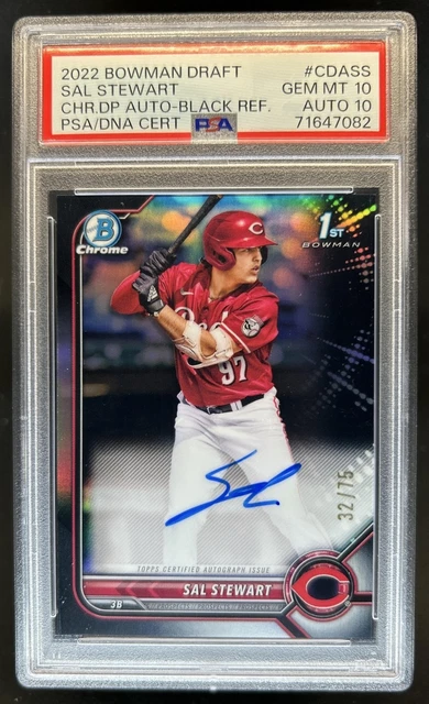 2022 Bowman Draft Sal Stewart Chrome Auto Black Refractor 1st #/75 Reds PSA 10