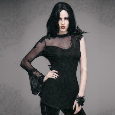 Eva Lady Black Gothic Lace Tops Personalized One Sleeve Sexy Slim V-Neck T-shirt