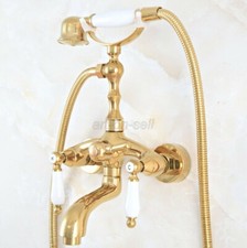 Gold Color Brass Wall Mount Bathroom Clawfoot Bath Tub Faucet w/Handheld Shower