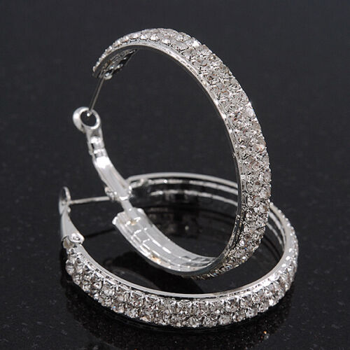 Cerceaux diamant transparents plaqués rhodium à deux rangées - moyen (4 cm de diamètre) - Photo 1 sur 4