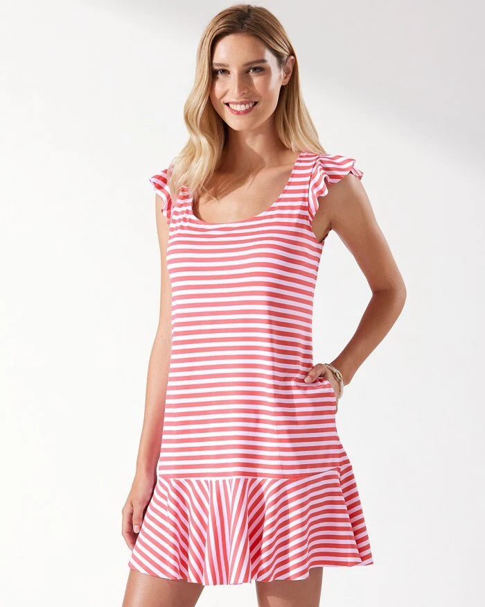 Tommy Bahama Breaker Bay Stripe Flounce Coral Coast Dress women