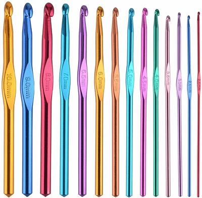 Crochet Hook Multicoloured Metal 2mm to 12mm Craft Knitting Yarn Needles 15cm