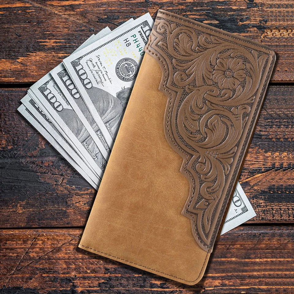 Embossed Floral Men's Bifold Long Wallet Faux Leather Cowboy Wallet Tan - Image 2 of 4