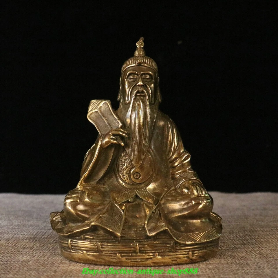 6" Old Chinese Brass Feng Shui Taoism Lord Lao Zi of the Great Monad Statue Set - Image 4 of 4